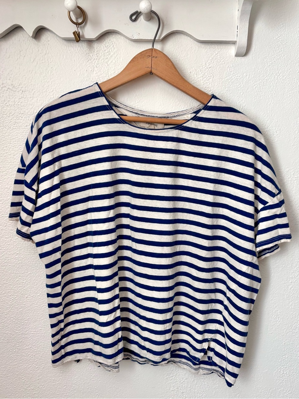 Madewell Large Navy Stripe Linen Cotton Cropped Boxy Nautical Top